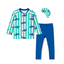 将图片加载到图库查看器,'Shark Shark' Rash Guard Swimsuit Set (Swim Cap, Pouch Set)