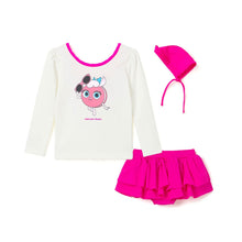 将图片加载到图库查看器,Bread Barbershop 'Neon Pink Macaron' White Rash Guard Swimsuit Set (Swim Cap, Pouch Set)
