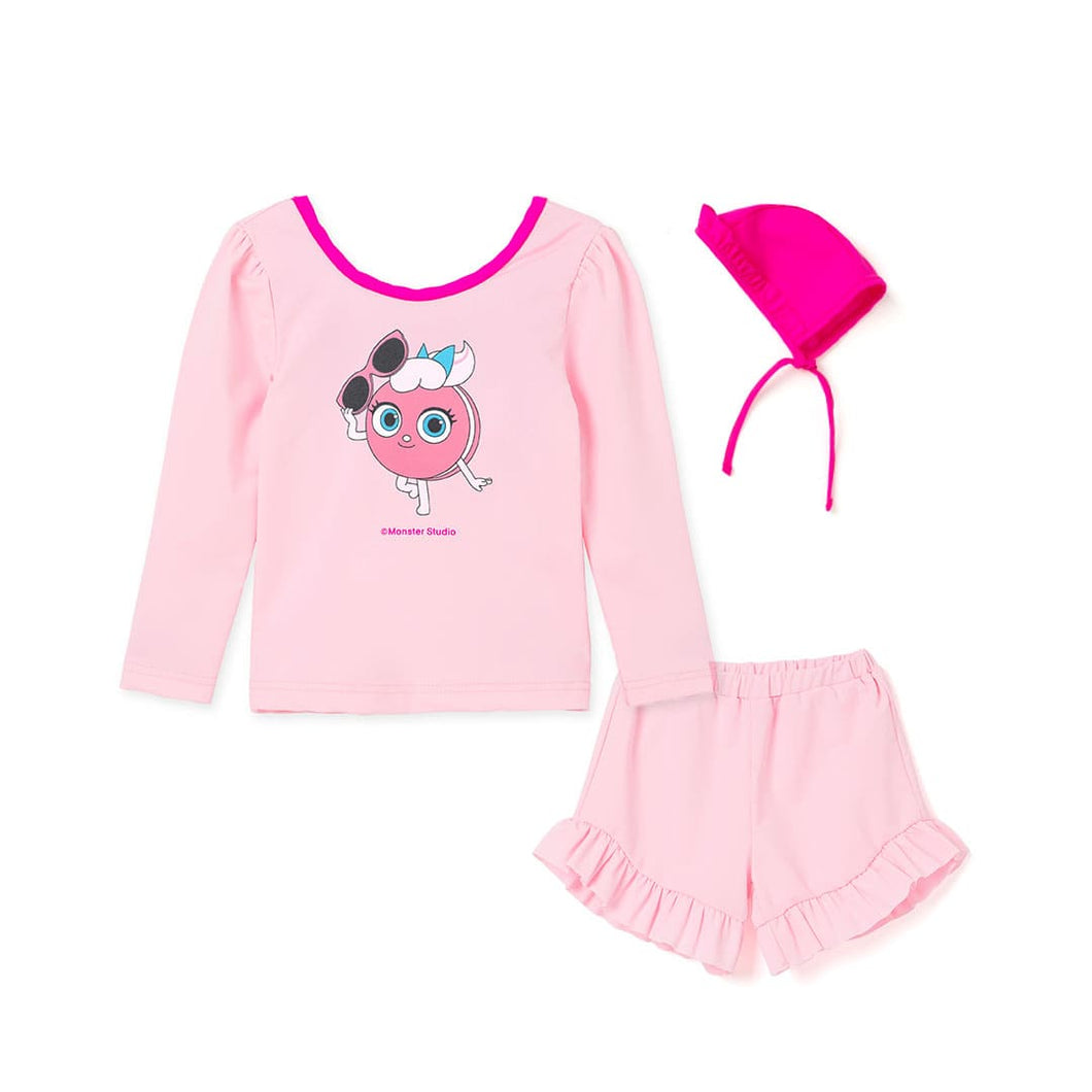 Bread Barbershop 'Neon Pink Macaron' Pink Rash Guard Swimsuit Set (Swim Cap, Pouch Set)