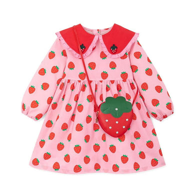 girls pink strawberry dress and bag
